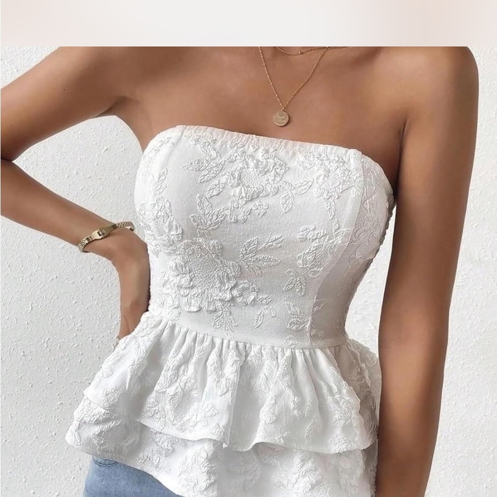 White Strapless Lace Peplum Top